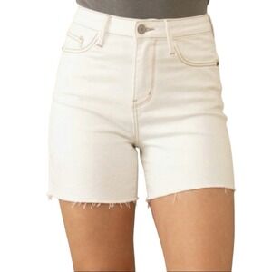 JUDY BLUE Curvy High Rise Ecru Denim Shorts sz L Distressed Raw Hem JB150163-C